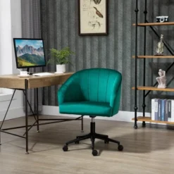 HOMCOM Retro Mid-Back Swivel Fabric Computer Desk Chair Height Adjustable With Metal Base, Leisure Task Chair On Rolling Wheels For Home Office, Green