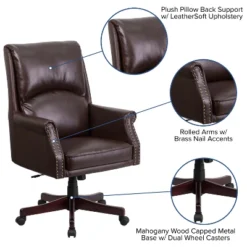 Merrick Lane Ergonomic Executive Office Chair With High Pillowed Back & Rolled Arms In Brown Faux Leather With Mahogany Finish Base -HOMCOM Sales Store GUEST 01541186 58ce 4380 8c08 5cfe98857d45