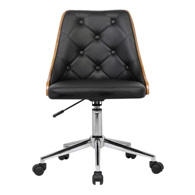 Diamond Mid-Century Office Chair In Chrome Finish With Tufted Black Faux Leather And Walnut Veneer Back - Armen Living 4 Diamond Mid-Century Office Chair In Chrome Finish With Tufted Black Faux Leather And Walnut Veneer Back - Armen Living - Image 2
