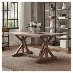 Camilla Farmhouse Concrete Inlaid Trestle Dining Table Vintage Pine - Inspire Q -HOMCOM Sales Store GUEST 097950ea 67da 488c a21a ee7668815ae7