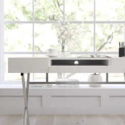 Merrick Lane Computer Desk Contemporary Granite White Writing Desk With Metal Crisscross Frame, Keyboard Tray And 2 Box Drawers -HOMCOM Sales Store GUEST 1ce3d5ab 8f55 45c5 bd5e b98a8340b770