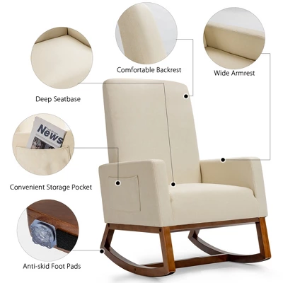 Costway Mid Century Retro Fabric Upholstered Rocking Chair Modern Armchair Beige 9 Costway Mid Century Retro Fabric Upholstered Rocking Chair Modern Armchair Beige - Image 7