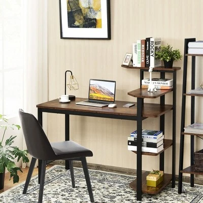 Costway Computer Desk Writing Study Table With Storage Shelves Home Office Rustic Brown 4 Costway Computer Desk Writing Study Table With Storage Shelves Home Office Rustic Brown - Image 2
