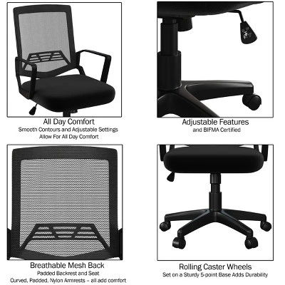 Office Chair - Adjustable Height Computer Chair With Wheels, Square Tilting Mesh Back, Foam Seat, Arms, Swivels In 360-Degrees By Lavish Home (Black) 4 Office Chair - Adjustable Height Computer Chair With Wheels, Square Tilting Mesh Back, Foam Seat, Arms, Swivels In 360-Degrees By Lavish Home (Black) - Image 2