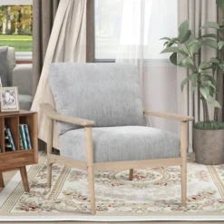 Oris 24.8" Wide Linen Upholstered Thick Seat Cushion Solid Wood Legs With Arm Chair With Vertical Slatted Back Accent Chair-The Pop Maison -HOMCOM Sales Store GUEST 5700acca c470 4122 a429 3b521a88c8a0