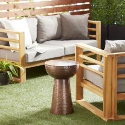 Hammered Metal Drum End Table Bronze - Olivia & May