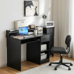Costway 22" Wide Computer Desk Writing Study Laptop Table W/ Drawer & Keyboard Tray WhiteBlack