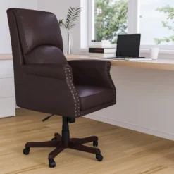 Merrick Lane Ergonomic Executive Office Chair With High Pillowed Back & Rolled Arms In Brown Faux Leather With Mahogany Finish Base -HOMCOM Sales Store GUEST 8d668877 bf70 4026 8f32 a82c131e83d1