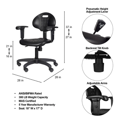 16"-21" Adjustable Height Polyurethane Task Office Chair With Arms Black- Hampden Furnishings 14 16"-21" Adjustable Height Polyurethane Task Office Chair With Arms Black- Hampden Furnishings - Image 12