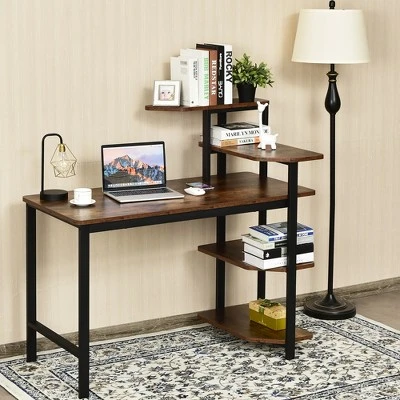 Costway Computer Desk Writing Study Table With Storage Shelves Home Office Rustic Brown 5 Costway Computer Desk Writing Study Table With Storage Shelves Home Office Rustic Brown - Image 3