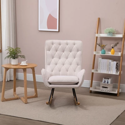 HomCom Mid-Century Tufted Wingback Fabric Rocking Chair 4 HomCom Mid-Century Tufted Wingback Fabric Rocking Chair - Image 2