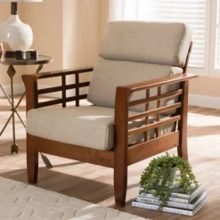 Baxton Studio Larissa Modern Classic Mission Style Cherry Finished Wood And Fabric High Back Cushioned Living Room Dark Beige Cherry -HOMCOM Sales Store GUEST d29d8402 d33a 4a86 806a 644c9002686b