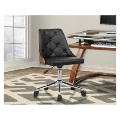 Diamond Mid-Century Office Chair In Chrome Finish With Tufted Black Faux Leather And Walnut Veneer Back - Armen Living