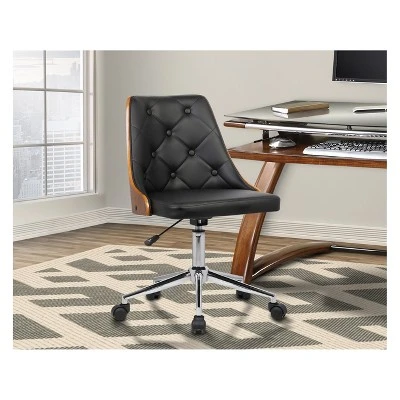 Diamond Mid-Century Office Chair In Chrome Finish With Tufted Black Faux Leather And Walnut Veneer Back - Armen Living 3 Diamond Mid-Century Office Chair In Chrome Finish With Tufted Black Faux Leather And Walnut Veneer Back - Armen Living