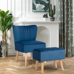 Costway Leisure Chair And Ottoman Thick Padded Velvet Tufted Sofa Set W/ Wood Legs PinkBlue Green