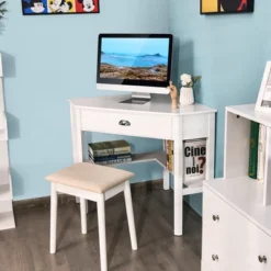 Costway Triangle Computer Desk Corner Office Desk Laptop Table W/ Drawer Shelves Rustic White -HOMCOM Sales Store GUEST e48715d8 e70f 4388 bf85 1fb1329af84e