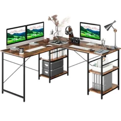 Costway 95'' Convertible L-shaped Corner Computer Desk 2-Person Long Desk Shelves Rustic/Black/Grey/Natural -HOMCOM Sales Store GUEST fb3707a6 aeca 414c ae2a 3daa78646c31